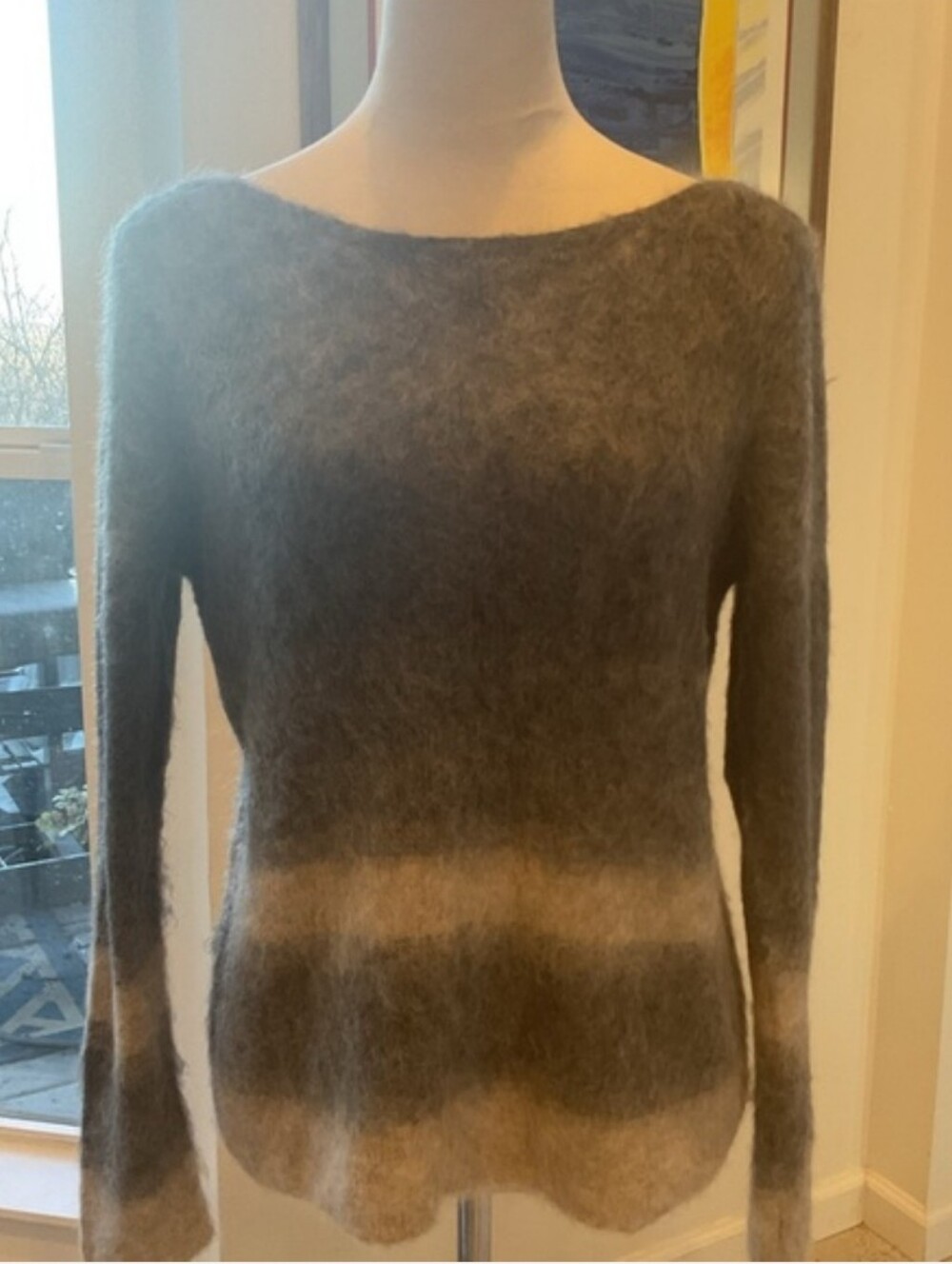 Eileen Fisher Gray and Cream Fuzzy Sweater Oversized XS EUC